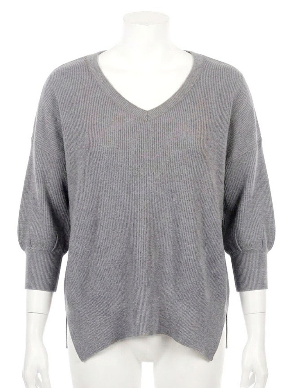 Anrabess Grey Ribbed V Neck 3/4 Sleeves Sweater